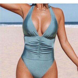 NEW Cupshe Metallic Blue Green Front Plunge Stomach Ruched Swimsuit Size Large